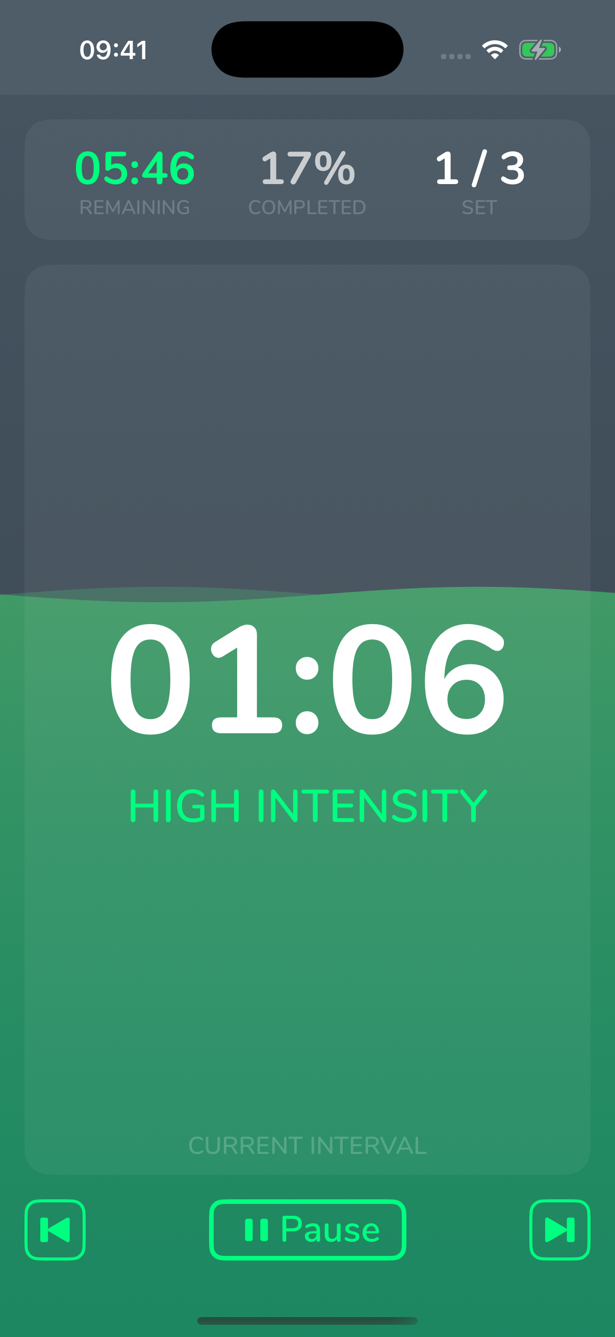 Cero’s current simple timer on iPhone 17 Pro, with the green wave around 55 percent full during a high-intensity interval